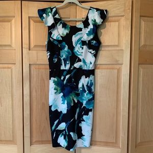 Blue floral flutter sleeve bodycon dress